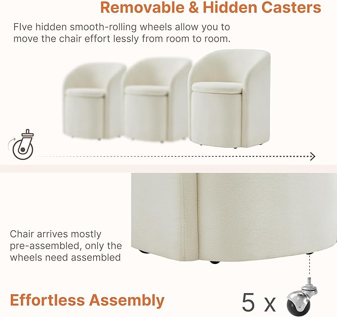 Upholstered Dining Chairs with Casters, Rolling Modern Dining Room Chairs with Hidden Storage & Barrel Backrest, Easy Assembly Accent Chair for Bedroom, Living Room, Dressing, Linen Fabric,4PCS