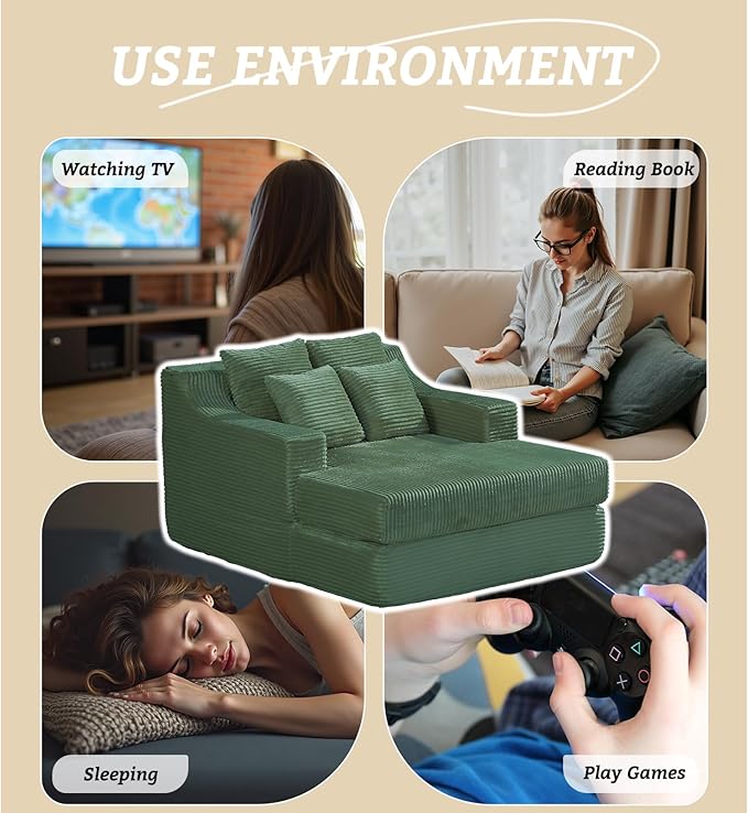 47" Boneless Chaise Lounge Chair Indoor,No Assembly Single Sleeper Upholstered Boneless Couch with 4 Pillows,Comfy Pet Friendly High Weight Capacity Foam for Bedroom,Living Room,Study Room,Green