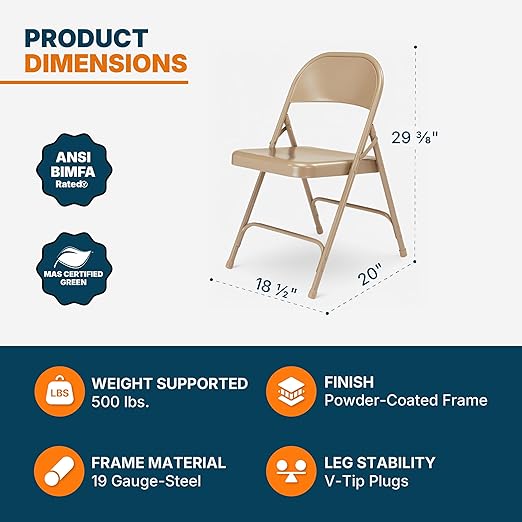 OEF Furnishings OEF50 Series All-Steel Heavy-Duty Folding Chairs with 500 lb Weight Capacity (4-Pack, Beige)
