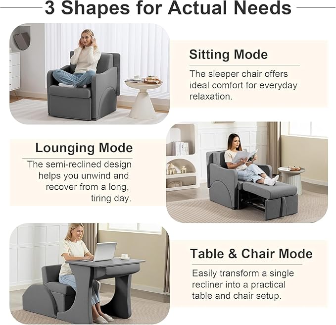 Reading Chair, Chaise Lounge Chair Indoor, 3 in 1 Multiple Convertible Pull Out Lounge Couch, Fabric Reading Chairs, Single Sleeper Sofa with Adjustable Backrest for Dorm, Bedroom, College, Grey