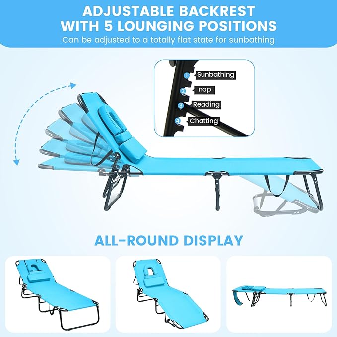 GYMAX Tanning Chair, 350lbs Beach Lounge Chair with Face Hole, Washable Pillow & Carry Strap, Adjustable Folding Chaise Lounge, Layout Lounger for Outside, Patio, Poolside, Lawn (2, Arctic)
