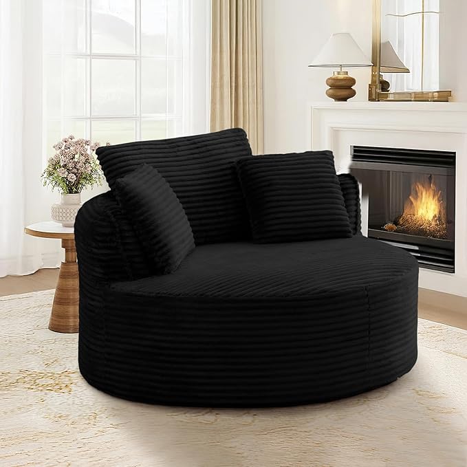 53"W Oversized Round Chaise Longue Chair Indoor,Corduroy Fluffy Comfy Cloud Chair,Circle Bean Bag Sofa with Foam Filling & Pillows,Boneless Reading Cozy Sofa Chairs for Living Room,Bedroom,Black