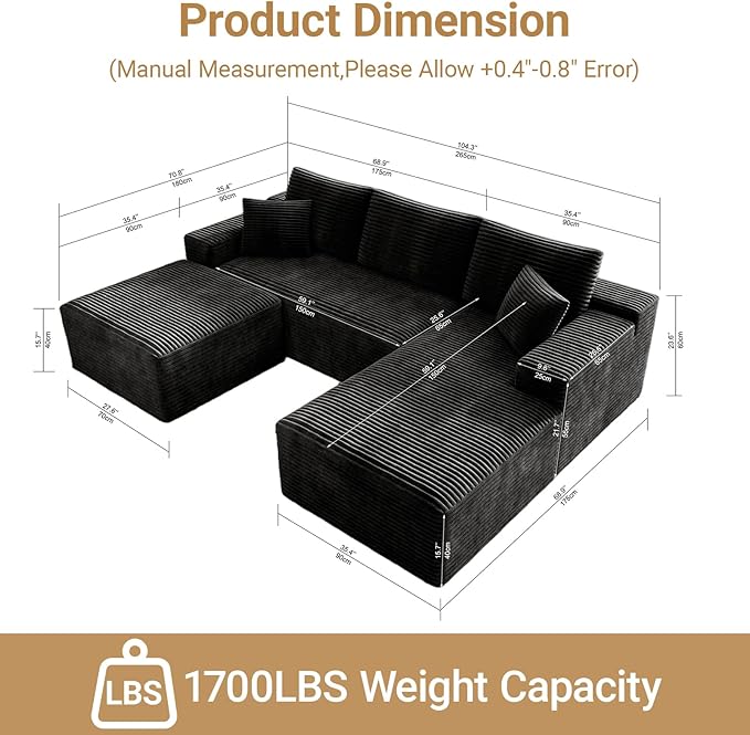 KAPEETOO U Shaped Modular Sectional Sofa with Right Chaise Ottoman, Boneless Couch with Deep Seat, Oversize 3-Seater Sofa U Shaped Set for Living Room Bedroom (Black)