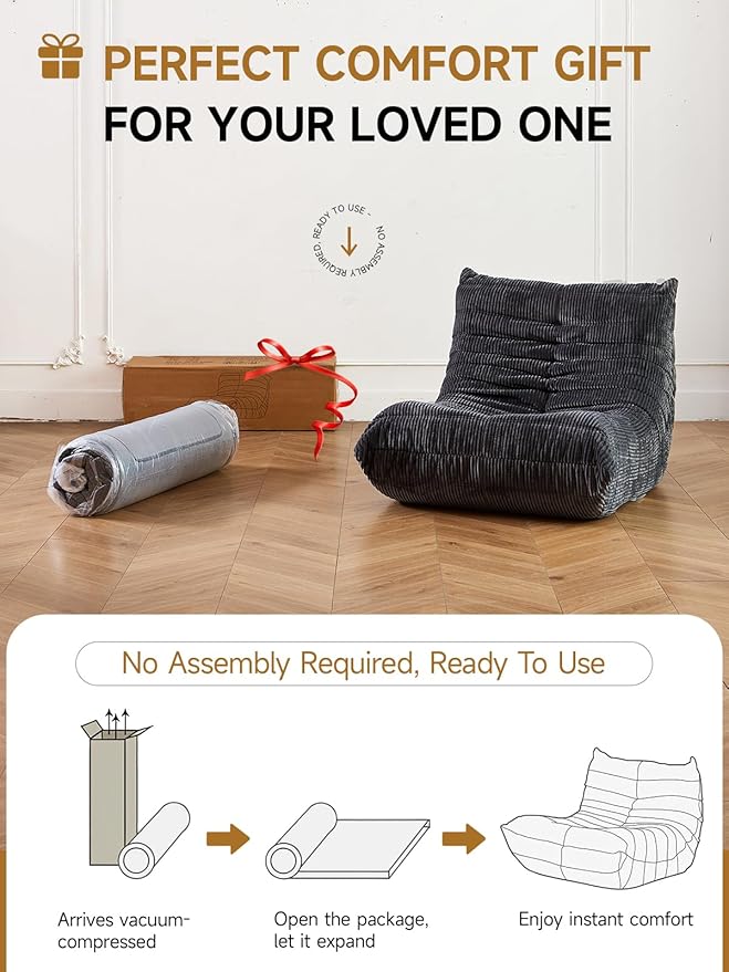 ZCUBED Large Bean Bag Chairs for Adults, Memory Foam Lounge Chair, Soft Corduroy Big Bean Bag Chair Lazy Sofa, Comfy Floor Beanbag Chair Single Sofa for Bedroom Living Room Fireside Book Nook, Grey