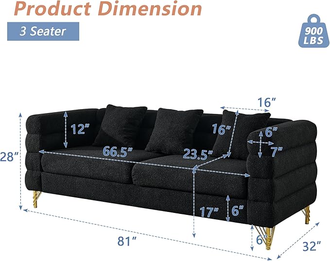 mikibama Modern Teddy Sectional Sofa, 81 Inch Oversized Sofa Couch, Luxury 3 Seater Deep Couch with 3 Pillows and Gold Metal Legs for Living Room, Bedroom, Apartment (Black)