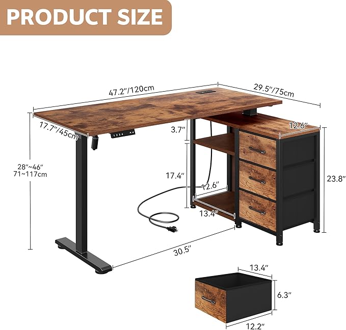 47 Inch L Shaped Standing Desk with 3 Drawers Electric Standing Desk with Storage Computer Desk Adjustable Height with Power Outlets 4 Memory Presets for Home Office, Rustic Brown
