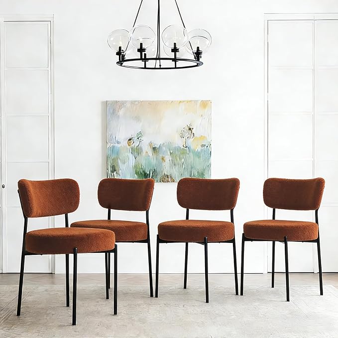 Stabrech Brown Boucle Dining Chairs Set of 2, Upholstered Dinner Chair with Metal Frame, Dining Room Chairs with Padded Seat, Round Modern Seating for Living Room