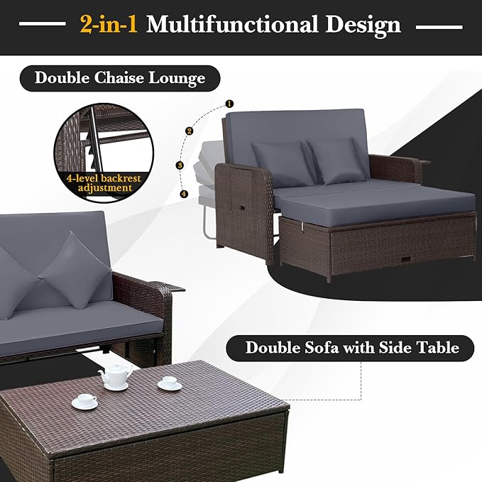 RELAX4LIFE Wicker Patio Outdoor Daybed - Rattan Day Bed Lounger w/Loveseat & Storage Ottoman, Sunbed Sofa Set w/Cushions, 4-Level Adjustable Backrest & 2 Retractable Trays, Patio Daybed (Grey-Brown)
