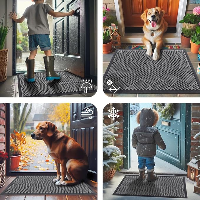 Smiry Front Door Mat Outside Entrance, Heavy Duty Outdoor Indoor Natural Rubber Doormat, Non Slip, Trap Dirt and Moisture, Easy Clean, Low Profile Patio Porch Entryway Mat, 59x35, Grey