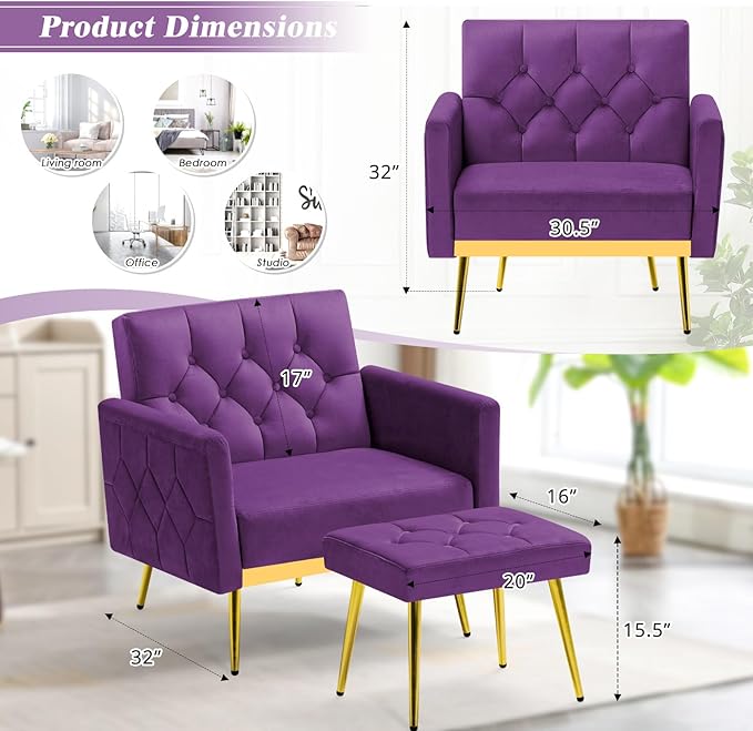 ACMEASE Velvet Accent Chair w/Adjustable Armrests and Backrests, Tufted Single Sofa with Ottoman, Upholstered Reading Chiar for Living Room, Apartment, Bedroom, Purple