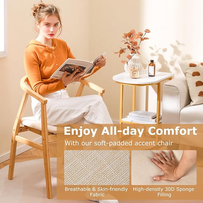 GOFLAME Bamboo Accent Chair, Mid-Century Modern Armchair with Padded Seat, Curved Backrest and Wrap-Around Armrest, Upholstered Reading Chair, Leisure Chair for Living Room, Bedroom