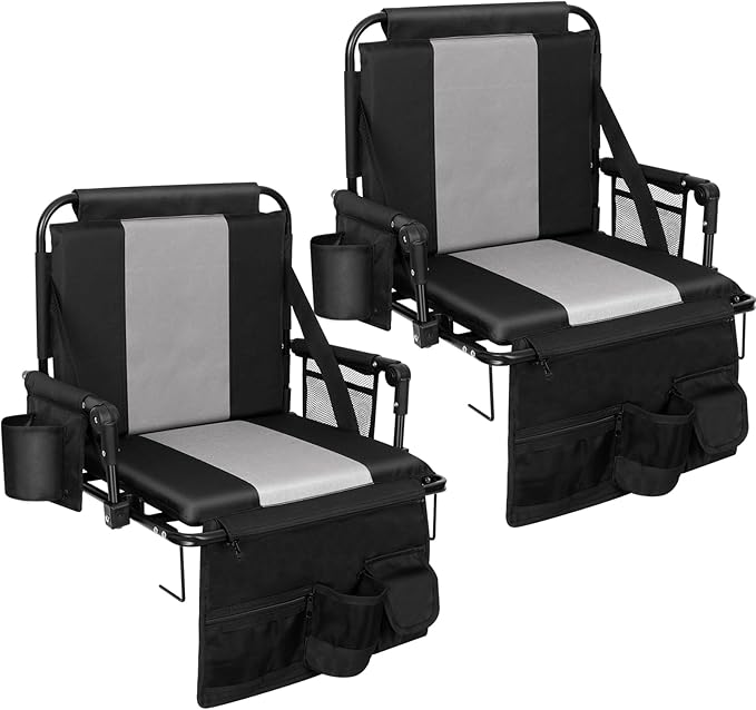 Romswi Folding Stadium Seat Bleacher 2PK Portable Outdoor Floor Folding Stadium Chair with Armrest,Back Support,Cup Holder,Mesh Bag and Hide Hooks
