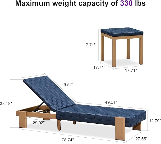 PURPLE LEAF Patio Lounge Chair Modern Outdoor PU Leather Style Chaise Lounge 1 Piece with Side Table Adjustable Backrest Aluminum Luxury Chaise Lounge Chairs for Pool Garden Backyard Beach, Blue