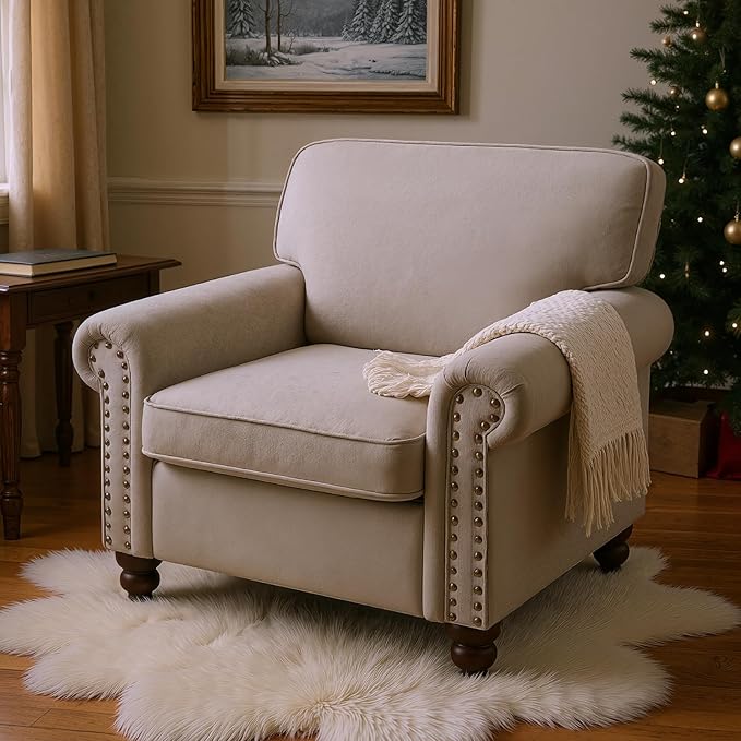 Nailhead Armchair, Rolled Arms Accent Chair for Living Room, Single Sofa Chair with Springs Seat Cushion & Wooden Legs, Mid-Century Armchair for Apartment, Office, Farmhouse, Beige