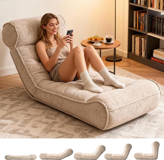 Lazy Floor Bed 83" – Extra Comfy Sleeper Chaise Lounge Chair Indoor, Adjustable Recliner Floor Lounger, Plush Futon Chair Bed for Yoga, Gaming, Meditation & Reading Nook (Recliner, Camel)