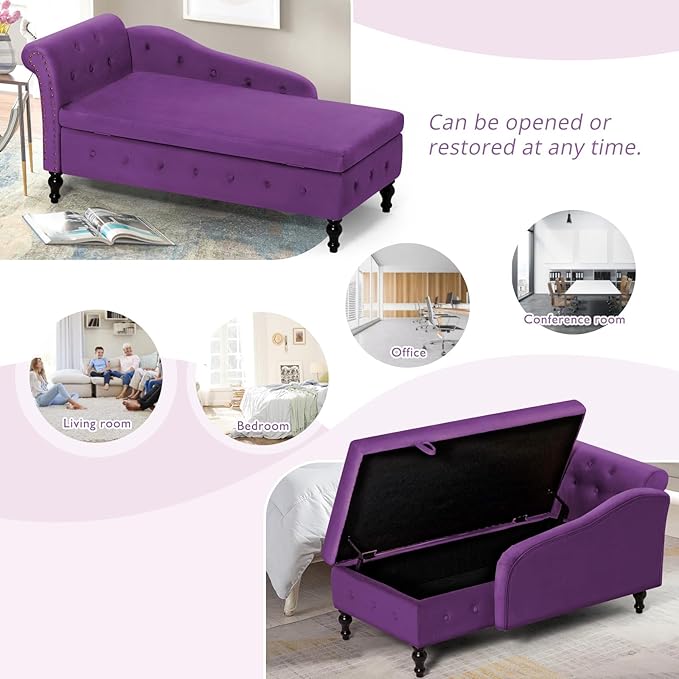 ACMEASE Velvet Chaise Lounge with Left Armrest & Storage Space,Button Tufted Lounge Chair w/Lumbar Pillow,Modern Upholstered Lounge Chair for Bedroom, Living Room and Office,Purpel
