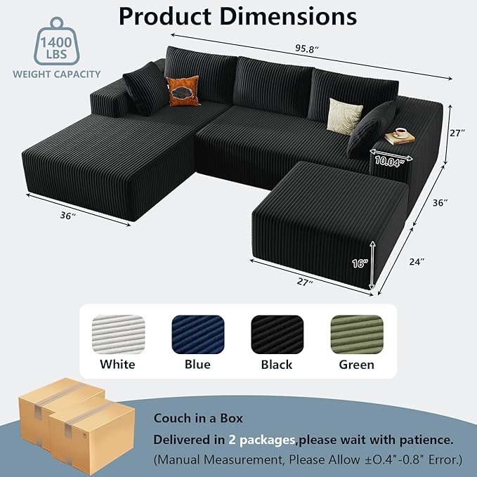 96" W Cloud Sectional Couch with Ottoman,Modern U-Shaped Cloud Couch with Deep Seat,Comfy Corduroy 3-Seater Sofa,Memory Foam Sofa for Living Room,No Assembly (Black,Left-Facing Chaise)