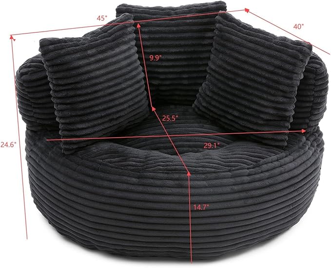 Bean Bag Chair, Corduroy Oversized Chair for Adults, Comfy Big Accent Sofa Lounge Floor Chair, Stuffed Bean Bag Couch for Gaming, Reading, Living Room, Bedroom, Black