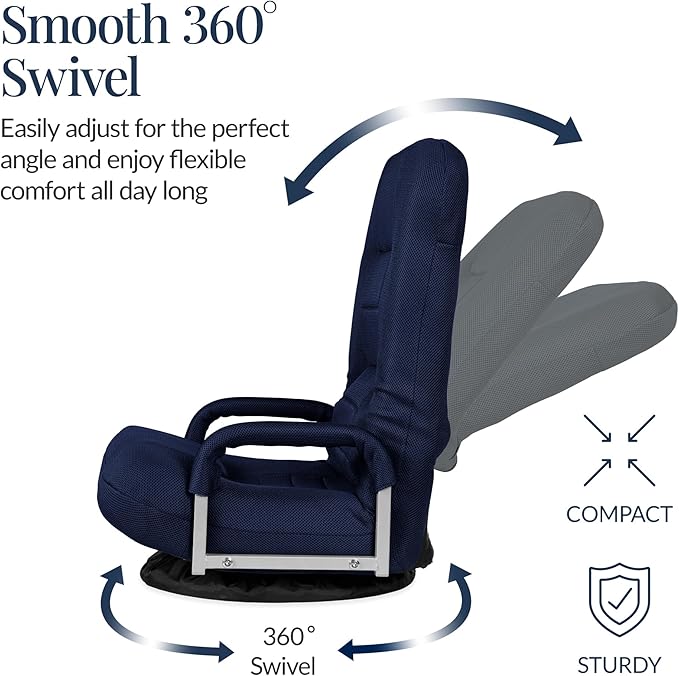Best Choice Products Swivel Gaming Chair 360 Degree Multipurpose Floor Chair Rocker for TV, Reading, Playing Video Games w/Lumbar Support, Armrest Handles, Adjustable Foldable Backrest - Navy