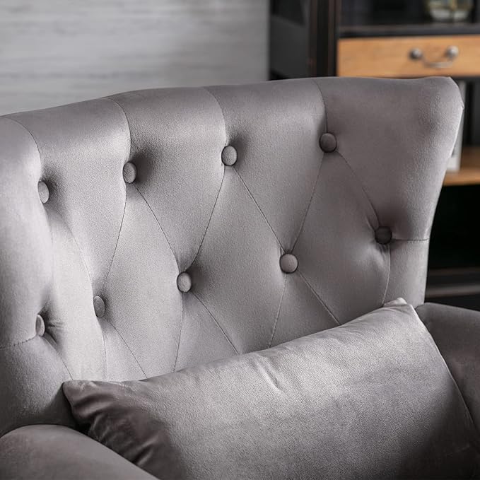 LZAREAL Accent Reading Arm Chairs Set of 2 for Living Room Bedroom, Midcentury Modern Comfy Corner Sofa Chair, Wingback Waiting Room Club Chair with Button Tufted Back &Lumbar Pillow, Velvet Grey
