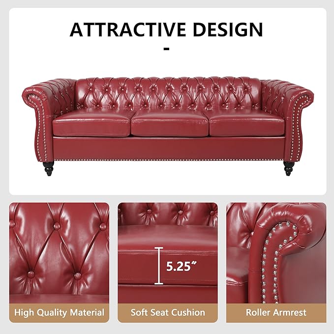 QHITTY Accent Large Sofa, Chesterfield Couch 3 Seater Modern Leather Couch Upholstered Sofa with Tufted Back for Living Room Furniture (Burgundy)