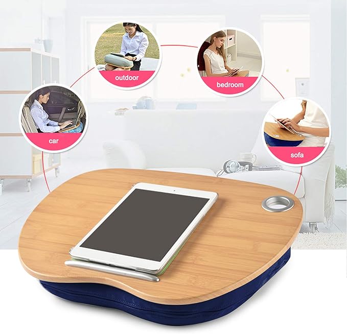 Multifunction Laptop Desk, Portable Lap Desk with Cushion, 3 in 1 Bed Table for Home Office Outdoor Use, Soft Cloth Cover and Durable MDF Board for 14 Inch Laptops (Blue)