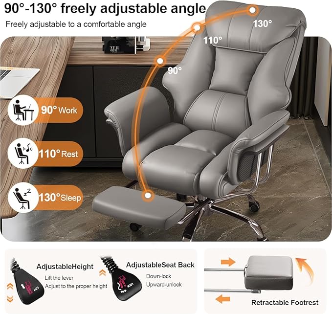 BTFYOU Big and Tall Office Chair with Armrests Executive Chair with Footrest and Spring Lumbar Support High Back Leather Ergonomic Chair Adjustable Height Tilt Lock for Business