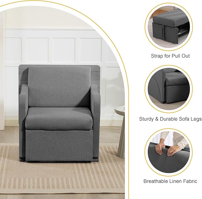 Reading Chair, Chaise Lounge Chair Indoor, 3 in 1 Multiple Convertible Pull Out Lounge Couch, Fabric Reading Chairs, Single Sleeper Sofa with Adjustable Backrest for Dorm, Bedroom, College, Grey