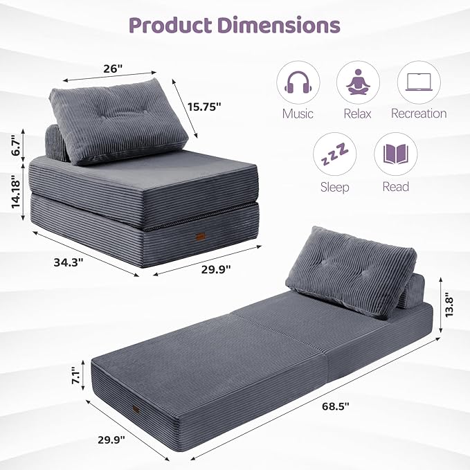 Folding Chair Bed, Convertible Sofa Bed with Backrest and Pillows,Fold Out Chair Bed with High-Density Foam, Perfect for Living Room 、Bedroom、Balcony 、Hotel 、Apartment ， Single, Dark Gray