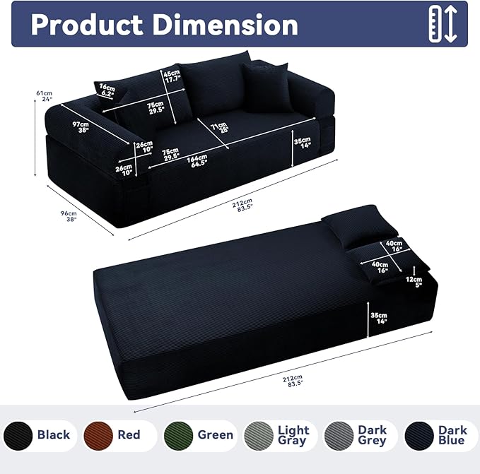 GJQ 83" 3 Seater Sofa Bed,Corduroy Sofa in a Box with 4 Pillows & Storage Pocket,Boneless Couch for Living Room,Convertible Couch Bed,No Assembly Required,Navy Blue