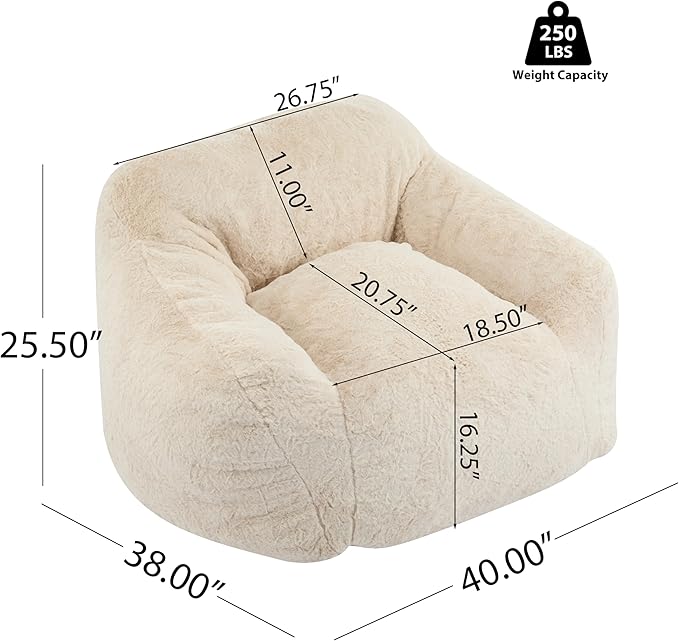 Indoor Bean Bag Chair,Plush Faux Fur Armchair,Ergonomic Back Support, Shredded Foam Fill, Compact Lounge Chair Space-Saving Ergonomic Seating for Living Room Bedroom Office,Beige