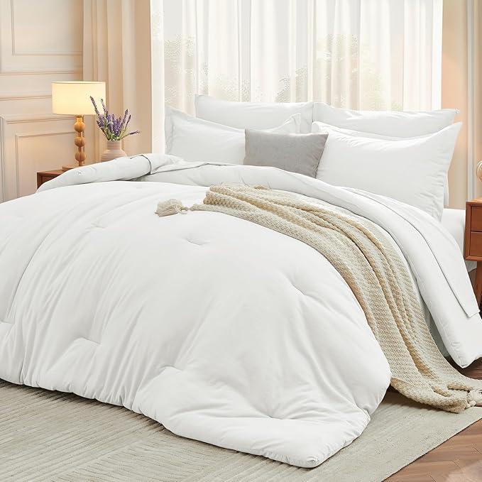 MUXHOMO 7 Pieces Queen Comforter Set, Soft Bed in a Bag Queen Size, All Season Bedding Set with Comforter, Flat Sheet, Fitted Sheet, Pillowcases & Shams, White
