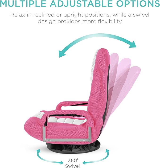 Best Choice Products Swivel Gaming Chair 360 Degree Multipurpose Floor Chair Rocker for TV, Reading, Playing Video Games w/Lumbar Support, Armrest Handles, Adjustable Foldable Backrest - Pink/White