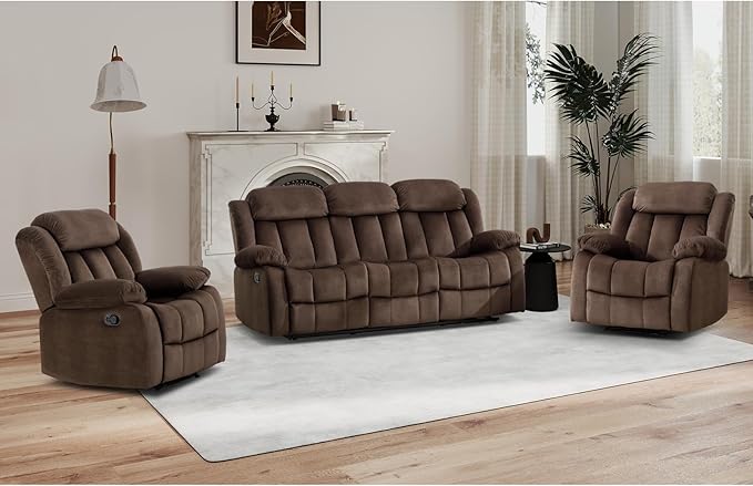 EBELLO Manual Reclining Sofa Set, Classic Recliner Sofa with Overstuffed Arms and Backrest, Includes 2 Recliner Chair and 1 3-Seat Couch, Brown