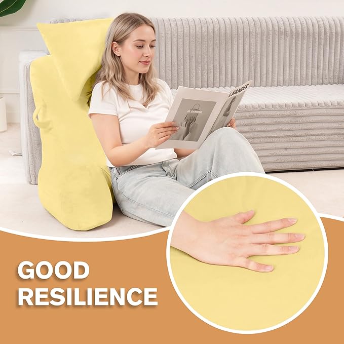 Unisakey Portable Reading Pillows with Headrest for Bed Sitting Up(Yellow Oeko-Tex), Velvet Back Pillow with Arms & Pockets for Adults, Support Memory Foam Bed Pillow for Dorm/Reading/Watching/Gaming