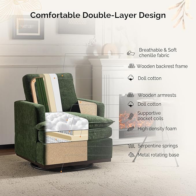VINGLI 360° Swivel Mid-Century Modern Accent Armchair with Double-Layer Seat Cushions, Comfy Single Square Sofa, Upholstered Club Chair for Living Room,Bedroom, Reading Room, Chenille Green