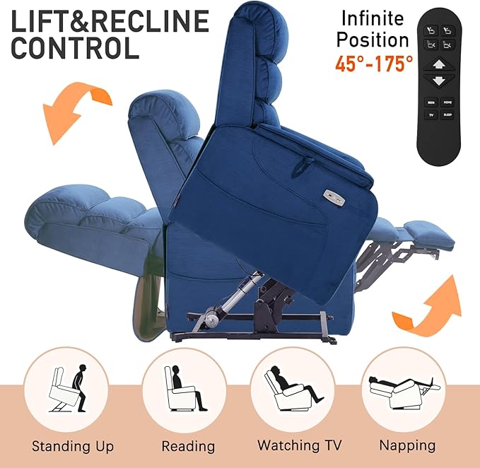 EONIX Wide Lay Flat Power Lift Recliner Chair for Elderly, Heavy Duty Oversized Fabric Lift Chairs Recliner Sofa with Heat and Massage and Charging Ports, Chenille Blue
