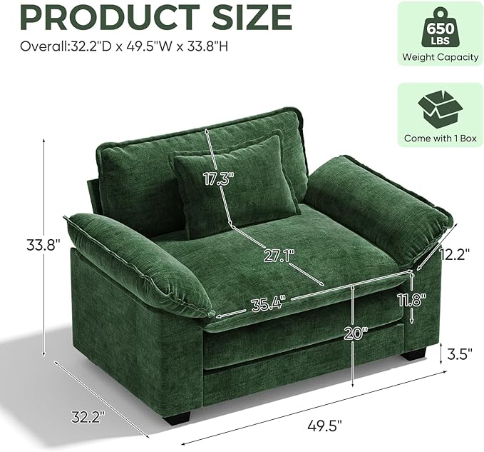 HUSFU 49.5'' W Oversized Accent Chair, Chenille Cloud Sofa Chair with Deep Seat and Extra Wide Armrests, Comfy Reading Armchair for Bedroom, Living Room, Green