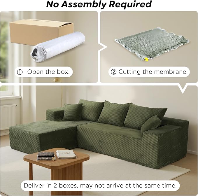 Sectional Cloud Boneless Couch for Living Room Bedroom, Comfy Modern L Shaped Modular Sofa with Left Facing Chaise, Deep Seat Memory Foam Couch in Box, No Assembly (Fine Striped Corduroy, Green)