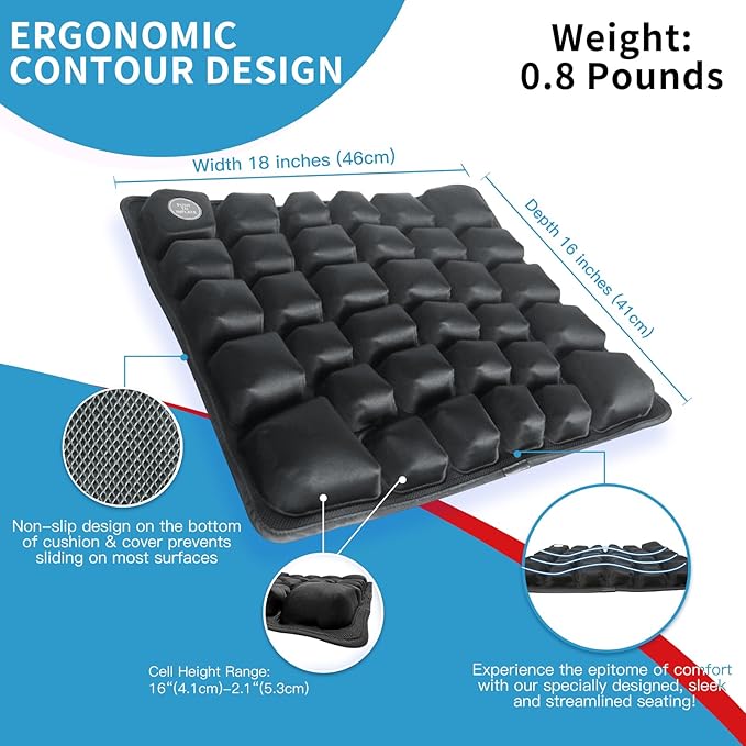 Inflatable Seat Cushion for Car, Office and Wheelchair, Adjustable Firmness, Ergonomic Support for Lower Back and Tailbone, 18x16x2.1 inches, Grey Cover