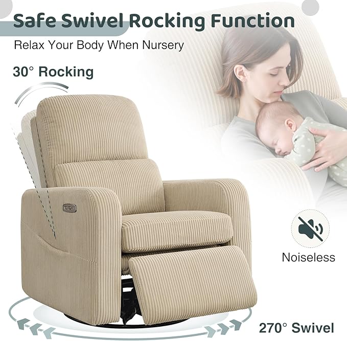 AEMEIOS Swivel Rocker Recliner, Oversized Power Recliner Nursery Glider with Removable Cushion, Upholstered Swivel Reclining Chairs for Nursery Living Room Bedroom, Corduroy Camel
