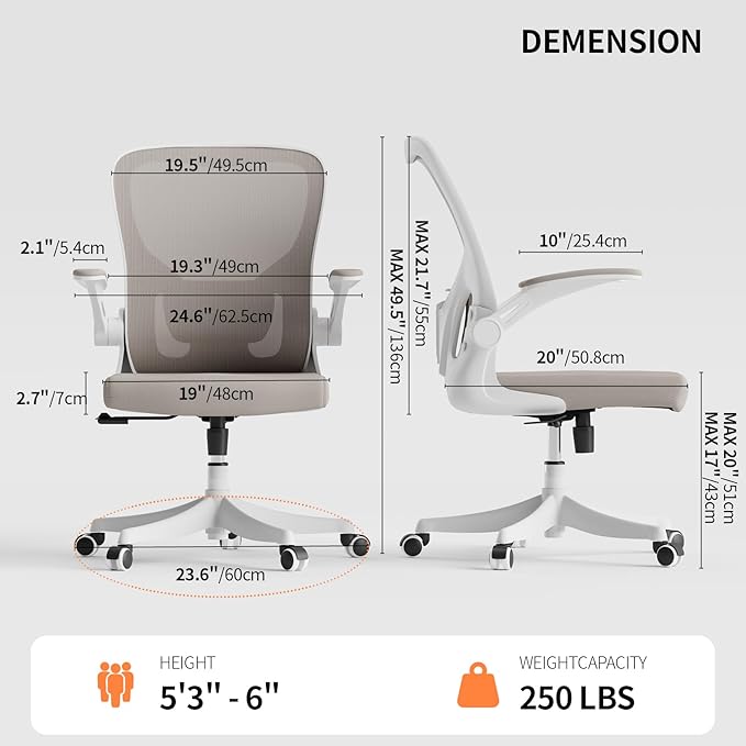 Monhey Office Chair Ergonomic Desk Chair with Lumbar Support&Headrest&Flip-up Arms Height Adjustable Rocking Swivel High Back Computer Chair Multi-Angle from 90° to 125° with 350LBS Capacity (01Khaki)