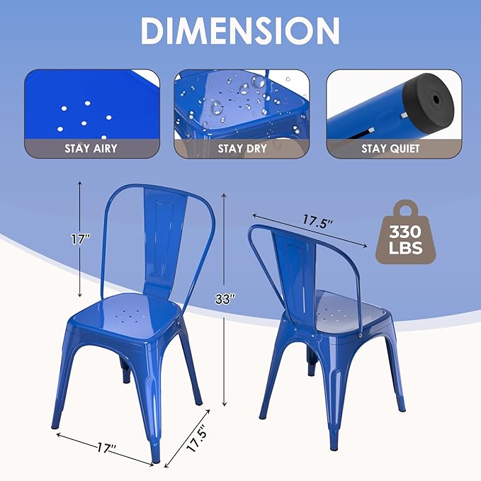 Metal Dining Chairs Set of 4,Stackable Tolix Chair Indoor/Outdoor for Kitchen,Cafe,Restaurant,Bistro & Patio Multiple Colors(Blue)