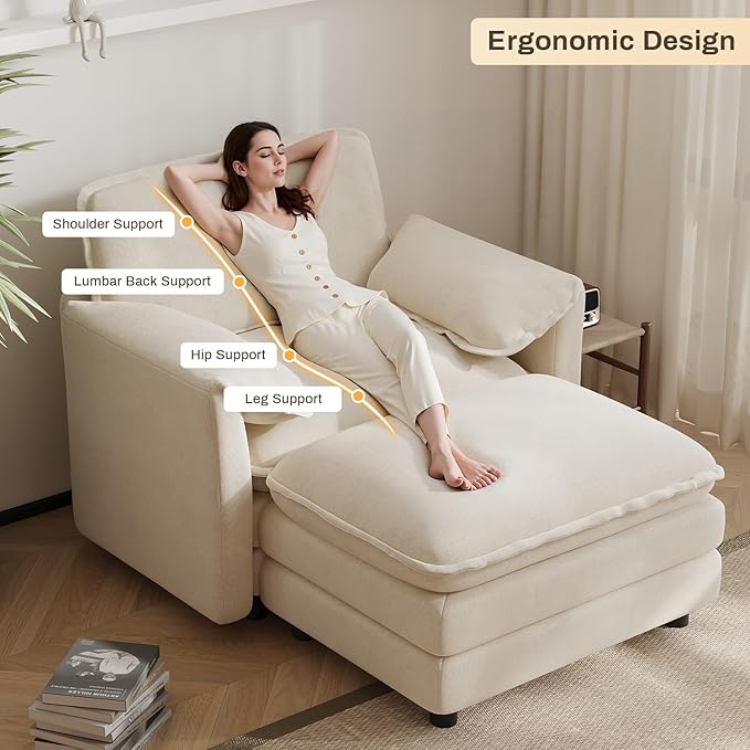DAMAIFROM Oversized Chaise Lounge Chair Indoor with Ottoman, Firm Solid Wood Frame with Long Service Life Chenille Oversized Lounge Reading Chair for Study Room - Beige White
