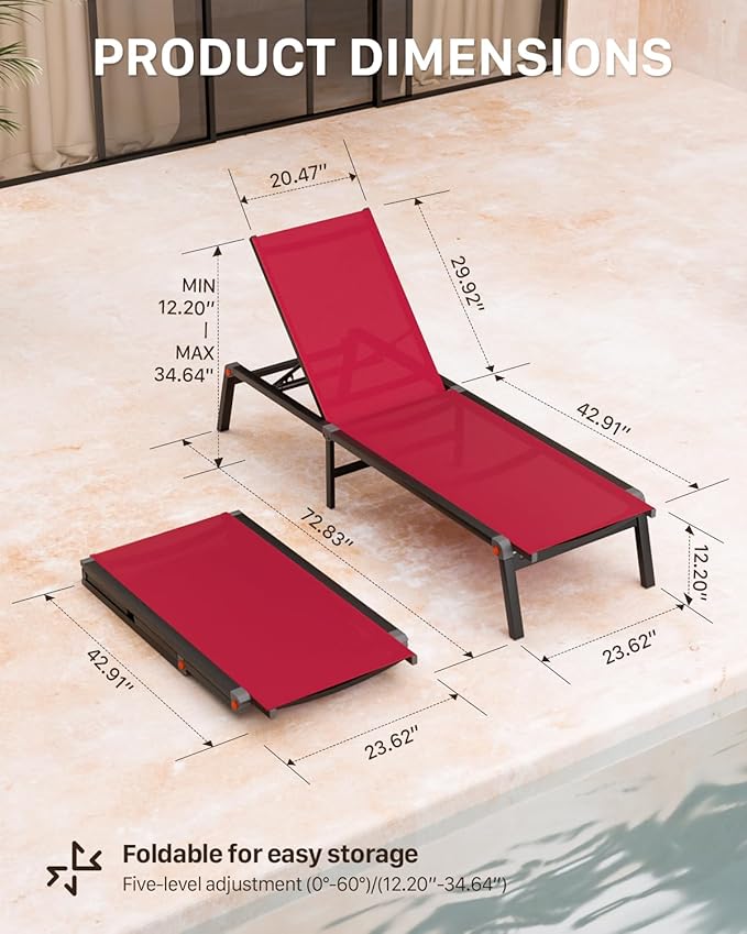 WOAJNQO Aluminum Patio Chaise Lounge Chair Set of 2 with Side Table,5-Position Adjustable Backrest,Foldable Lounge Chair Outdoor,Pool Lounge Chairs for Poolside,Lawn,Deck,Beach (Red, 2 Pack+Table)