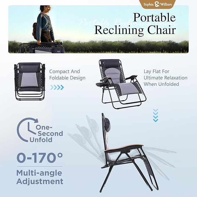 Sophia & William Oversized XL Zero Gravity Chair Padded Folding Lounge Chair with Cup Holder, Support 400 LBS, Grey