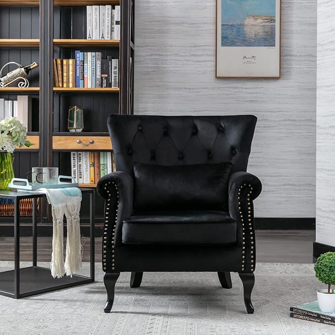 LZAREAL Accent Reading Arm Chairs for Living Room Bedroom, Midcentury Modern Comfy Corner Sofa Chair, Wingback Waiting Room Club Chair with Button Tufted Back &Lumbar Pillow, Velvet Black