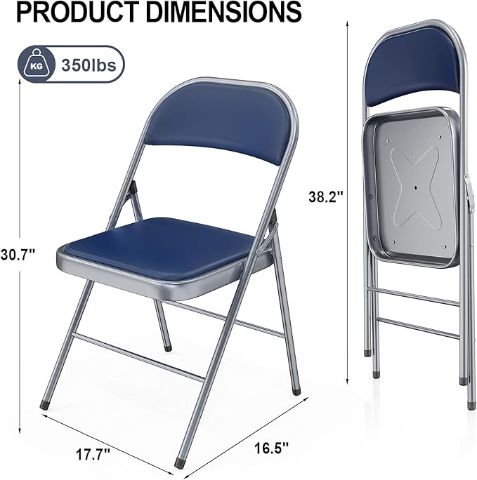 VINGLI 2 Pack Folding Chairs with Padded Seats, Metal Frame with Pu Leather Seat & Back, Capacity 350 lbs, Set of 2, Blue