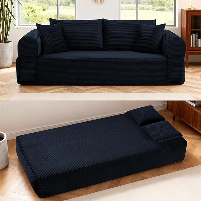 GJQ 83" 3 Seater Sofa Bed,Corduroy Sofa in a Box with 4 Pillows & Storage Pocket,Boneless Couch for Living Room,Convertible Couch Bed,No Assembly Required,Navy Blue