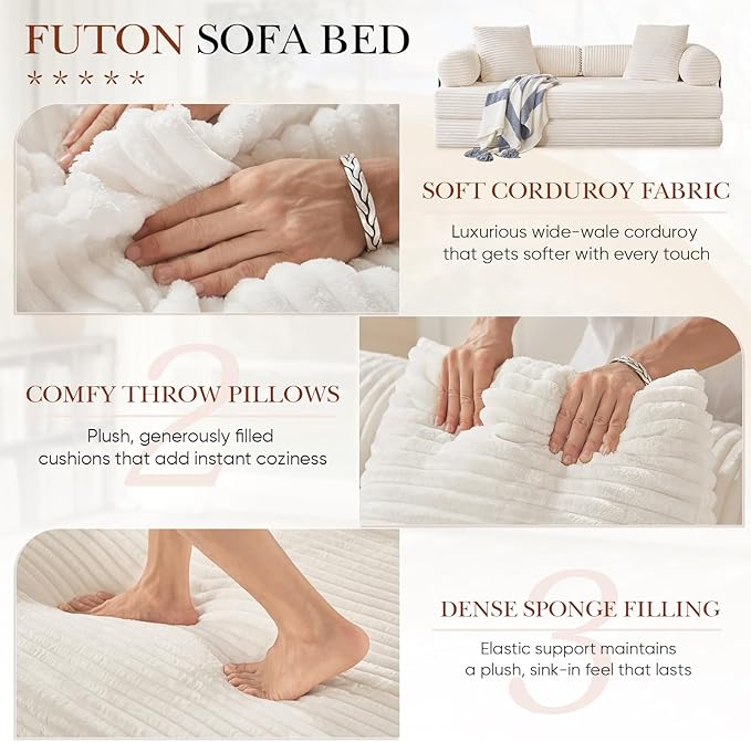 Modular Couch Bed, Convertible Folding Plush Corduroy Comfy Floor Memory Foam Compression Loveseat Sleeper Sofa Couch, King Size Bed for Guest Room Living Room Bedroom, No Assembly Required, Beige